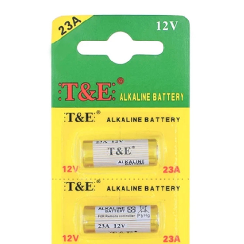 T&E alkaline battery package with two batteries on a white background