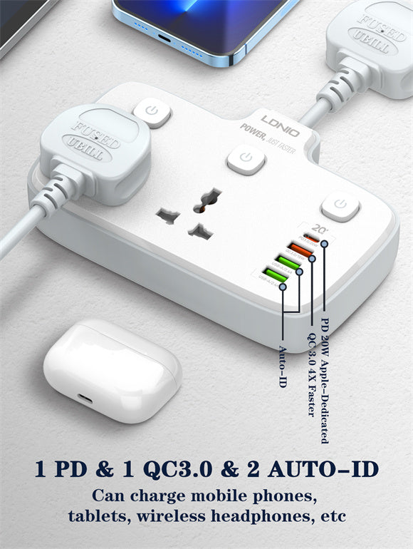 LDNIO SC2413 Universal Outlets Power Strip Tower 2 Outlet Wall Electric Plug PD 20W USB Power Cube Power socket