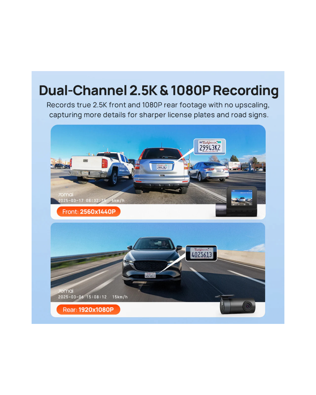 70mai Dash Cam A410 Front & Rear 2.5K HDR Dual Channel with GPS & Parking Surveillance