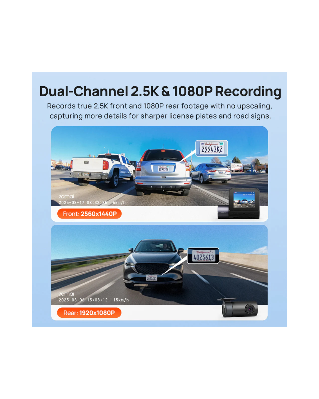 70mai Dash Cam A410 2.5K HDR Front Camera with GPS | Night Vision, Emergency Recording, Parking Mode, App Control