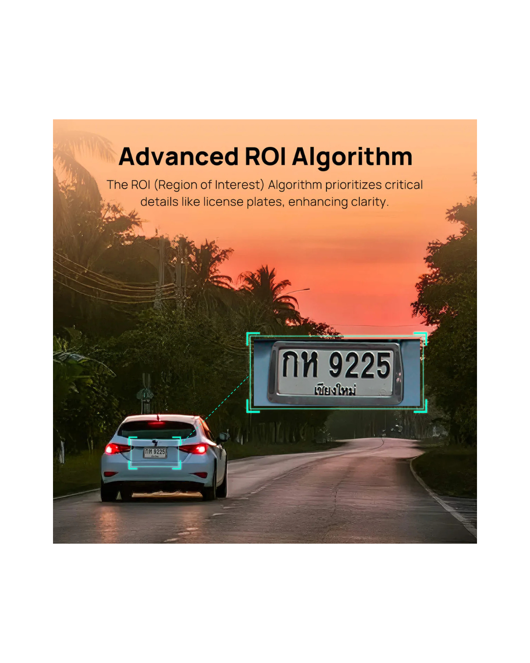 Car on a road with a focus on a license plate, featuring text about an Advanced ROI Algorithm.