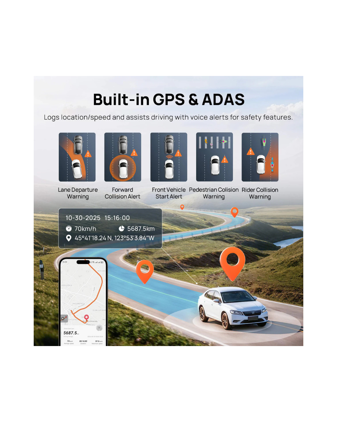Advertisement for a car with built-in GPS and ADAS features, showing a car on a road with safety alerts displayed.