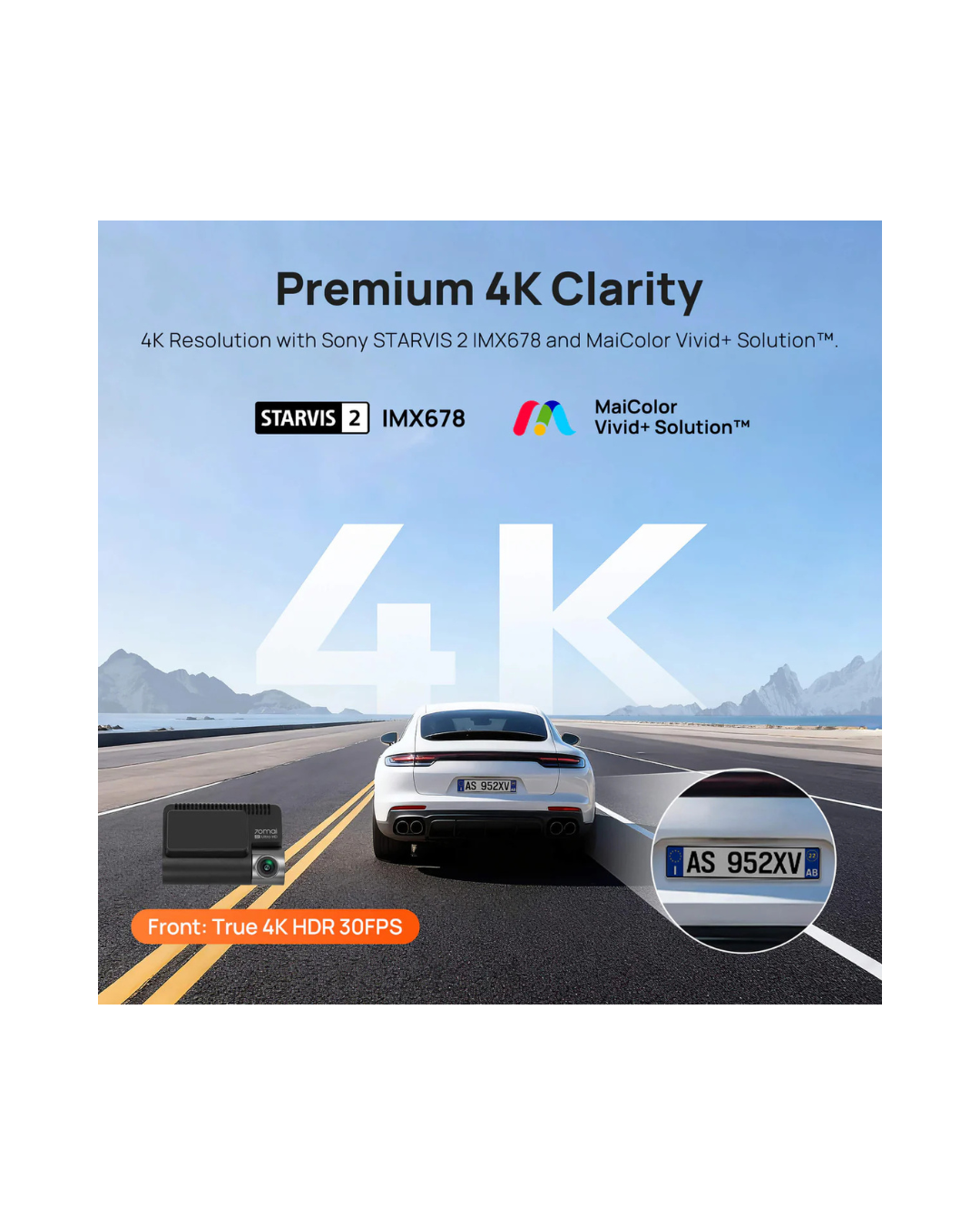 Advertisement for premium 4K clarity with car on road and '4K' text overlay.