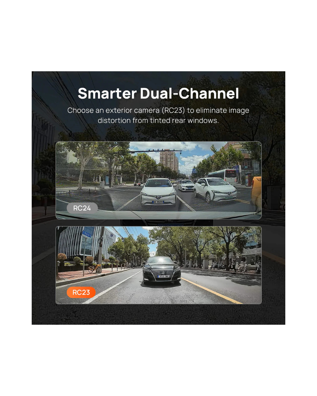 Advertisement for a smarter dual-channel camera system with two video feeds showing street scenes.