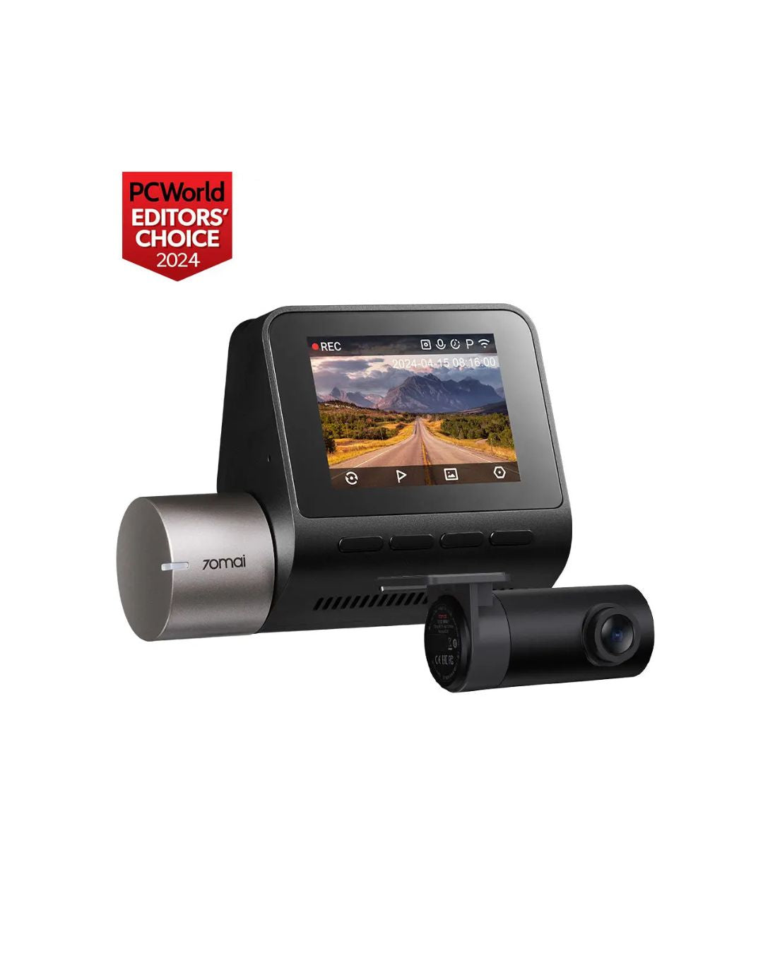 Car dashboard camera with a screen displaying a road, on a white background with PCWorld Editors' Choice badge.