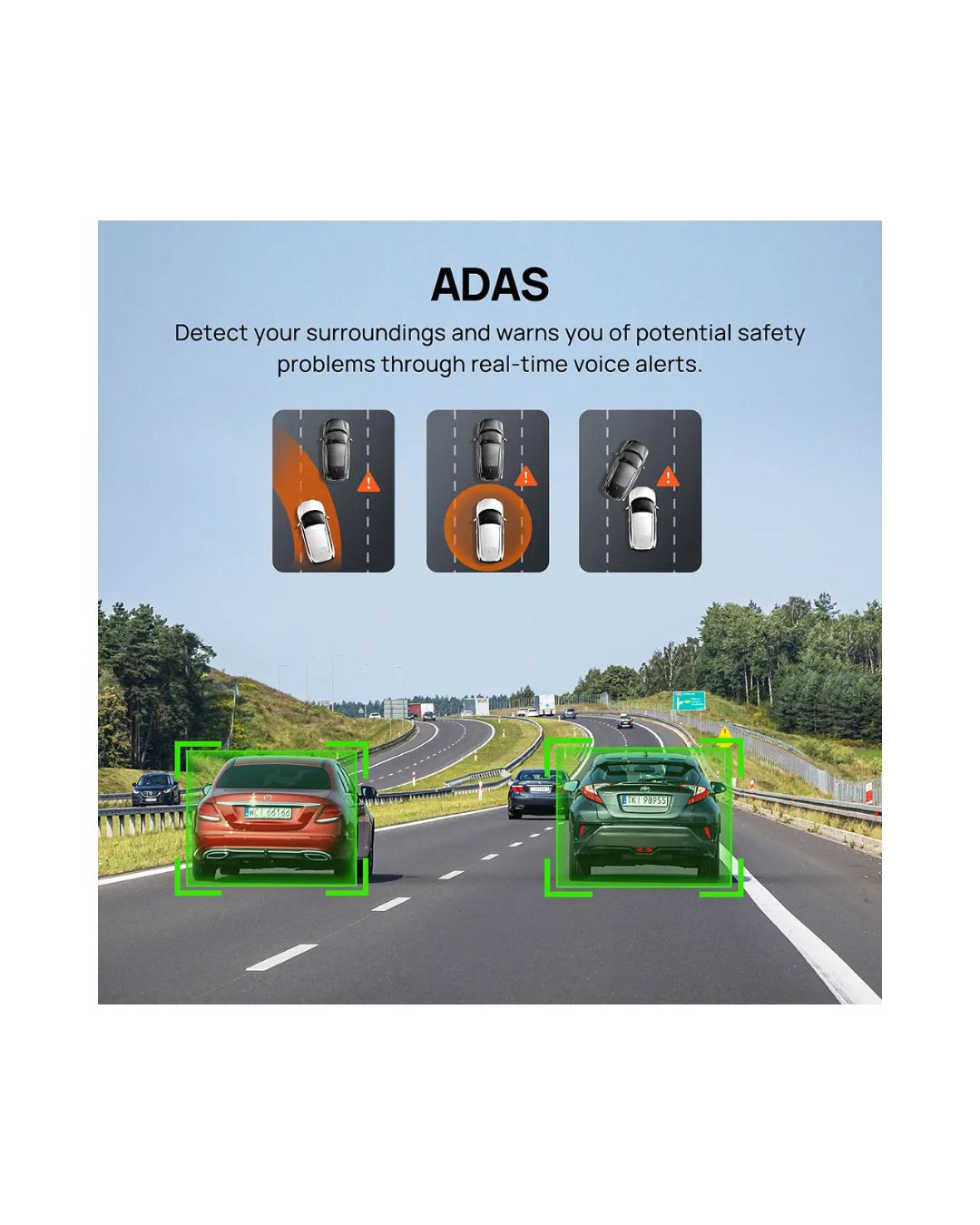 Car on a highway with ADAS (Advanced Driver Assistance Systems) features highlighted, including real-time voice alerts.