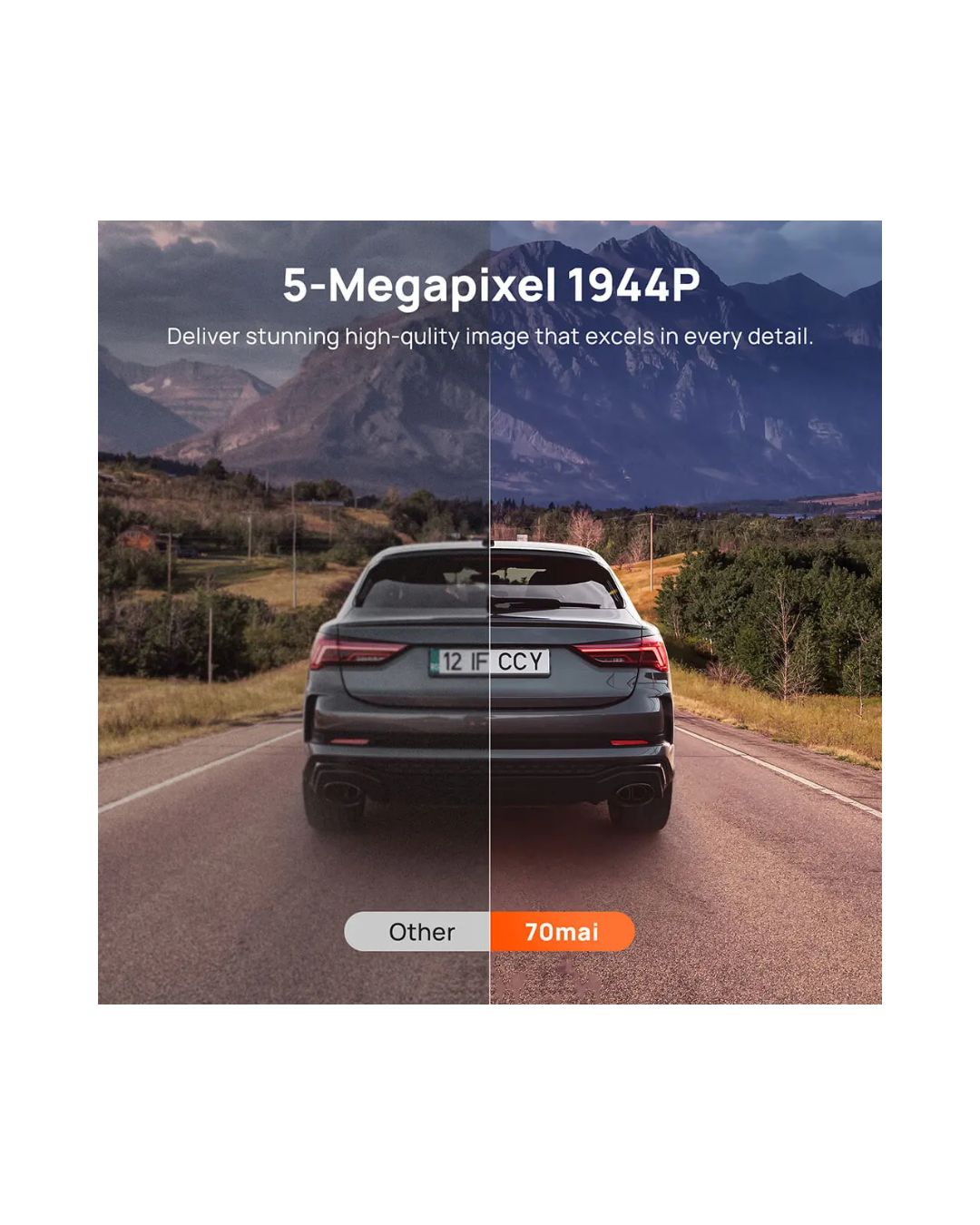 Car on a road with a scenic background, comparing 5-Megapixel 1944P resolution to other options.