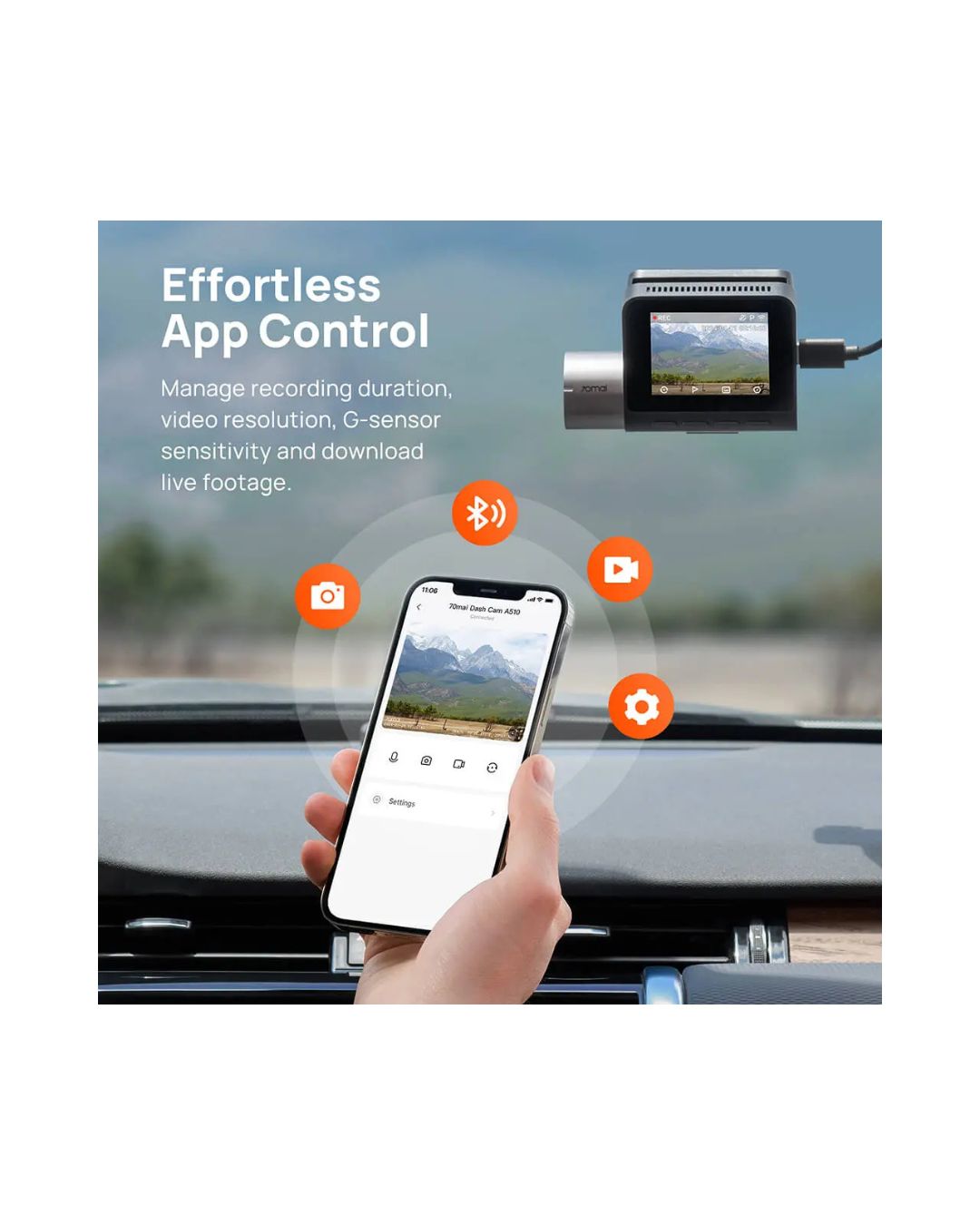 Car dashboard with a camera and smartphone displaying app controls, emphasizing effortless app control.