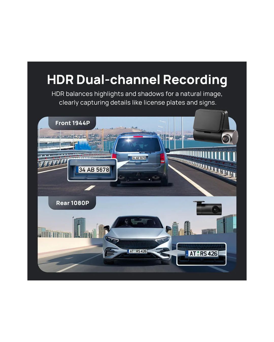 Advertisement for a car camera with HDR dual-channel recording features, showing video feed quality on a bridge.