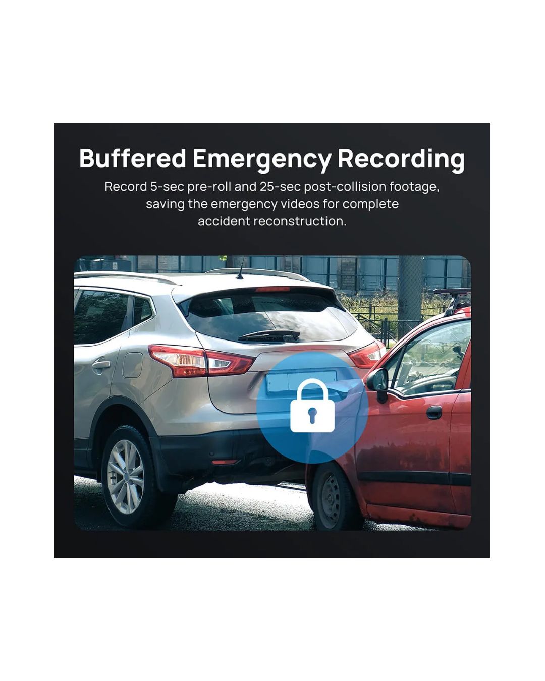 Two cars in an accident with text about buffered emergency recording.