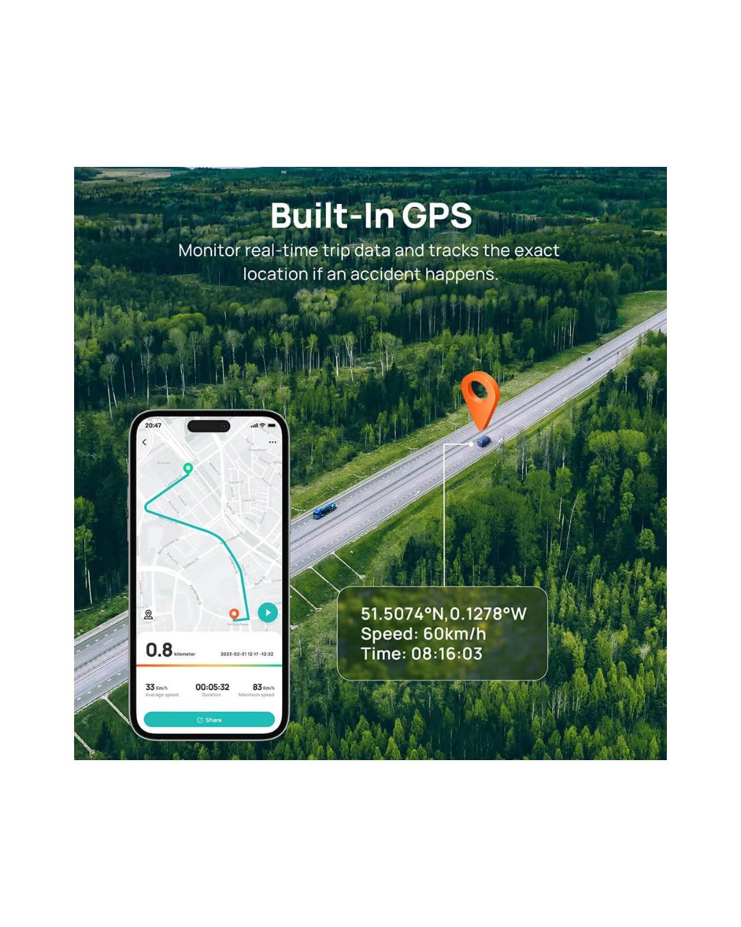 Phone with GPS app on screen over a road surrounded by trees