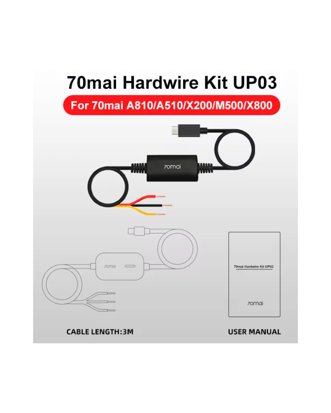 70mai Hardwire Kit UP03 for Dash Cam A810 / M500 / Omni / A500S – 24H Parking Surveillance Power Cable