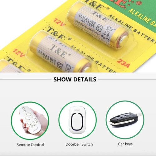 T&E alkaline batteries in packaging with examples of devices they power.