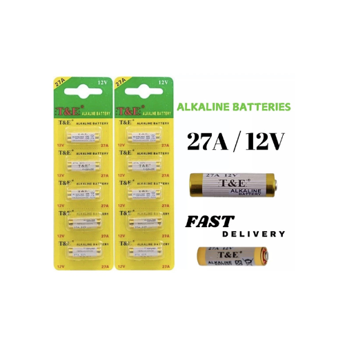 T&E alkaline batteries 27A/12V with packaging on a white background