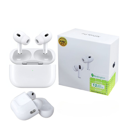 AirPodsPro2 White wireless earbuds with charging case and Redington branded box on a white background