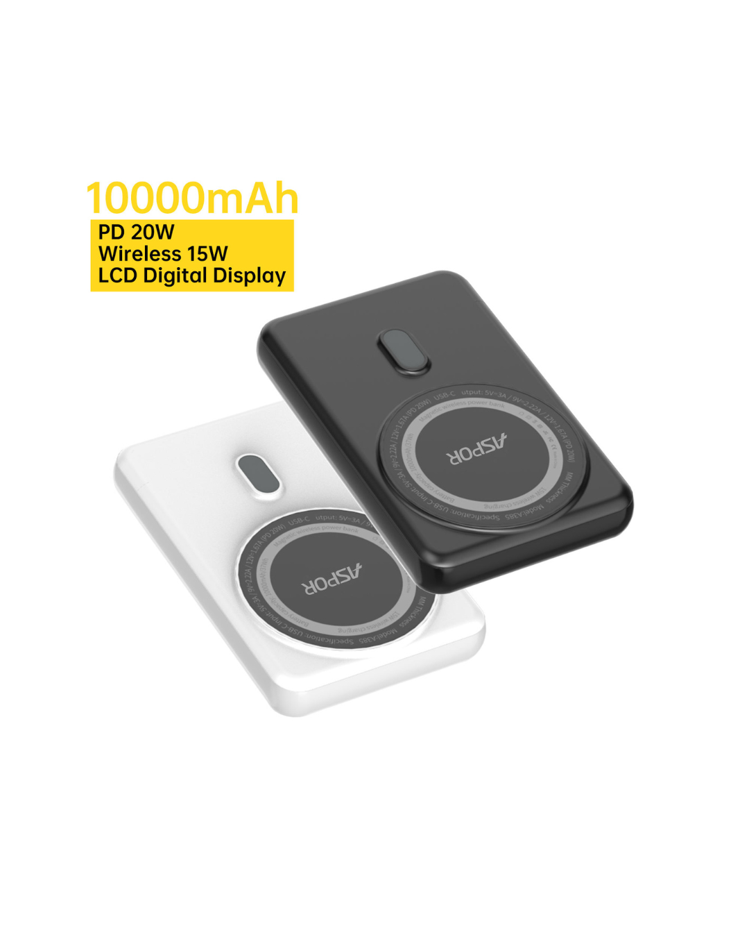 Aspor A385 10000mAh Magnetic Wireless Power Bank | PD 20W Fast Charging | Mini Portable | Type-C & Qi Wireless | LCD Display