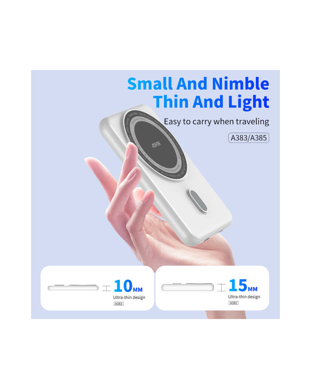 Aspor A385 10000mAh Magnetic Wireless Power Bank | PD 20W Fast Charging | Mini Portable | Type-C & Qi Wireless | LCD Display
