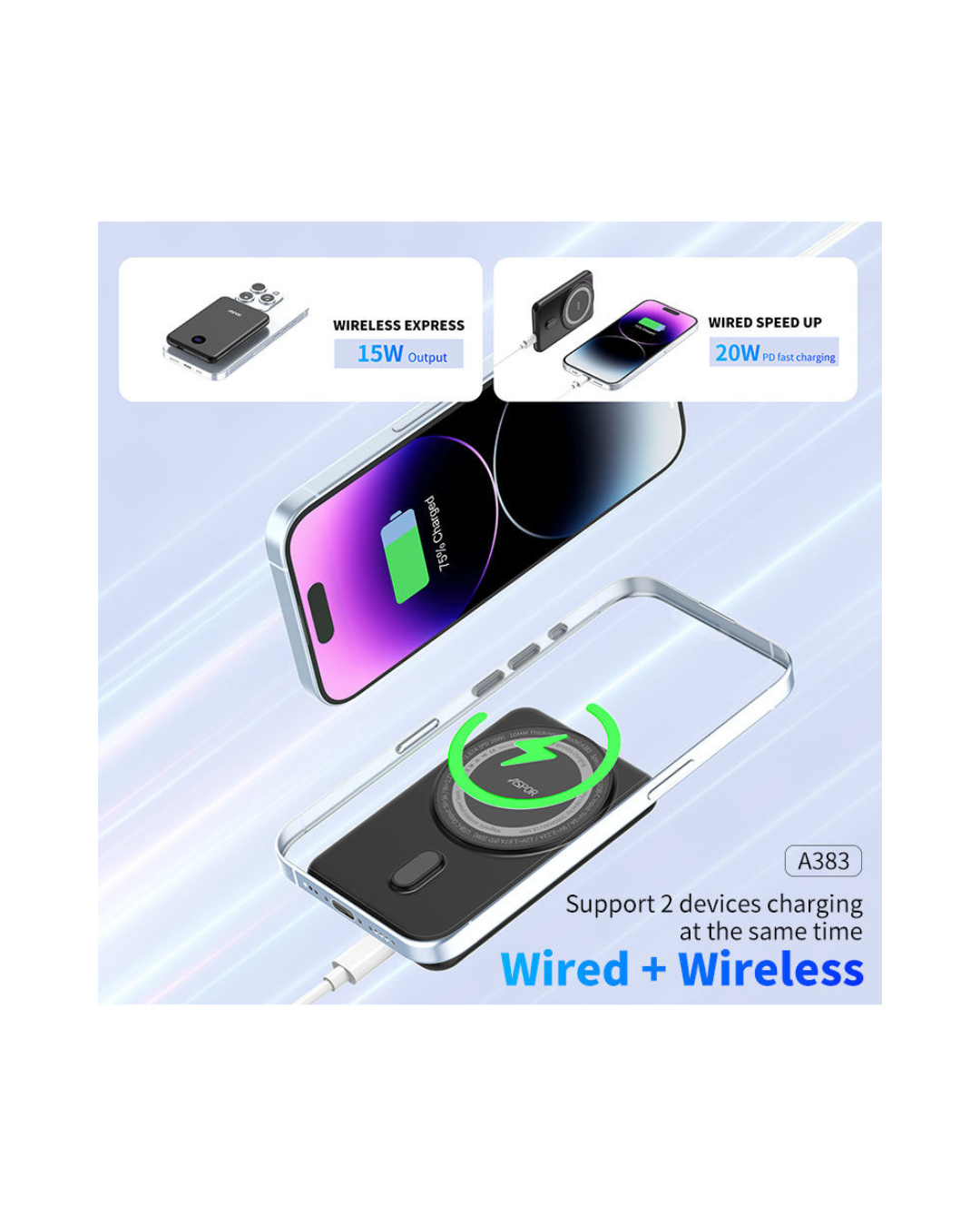 Aspor A385 10000mAh Magnetic Wireless Power Bank | PD 20W Fast Charging | Mini Portable | Type-C & Qi Wireless | LCD Display