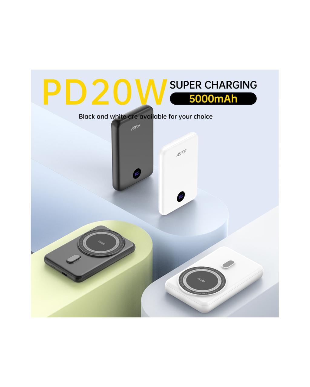 Aspor A385 10000mAh Magnetic Wireless Power Bank | PD 20W Fast Charging | Mini Portable | Type-C & Qi Wireless | LCD Display
