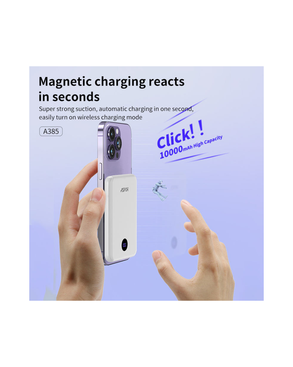 Aspor A385 10000mAh Magnetic Wireless Power Bank | PD 20W Fast Charging | Mini Portable | Type-C & Qi Wireless | LCD Display