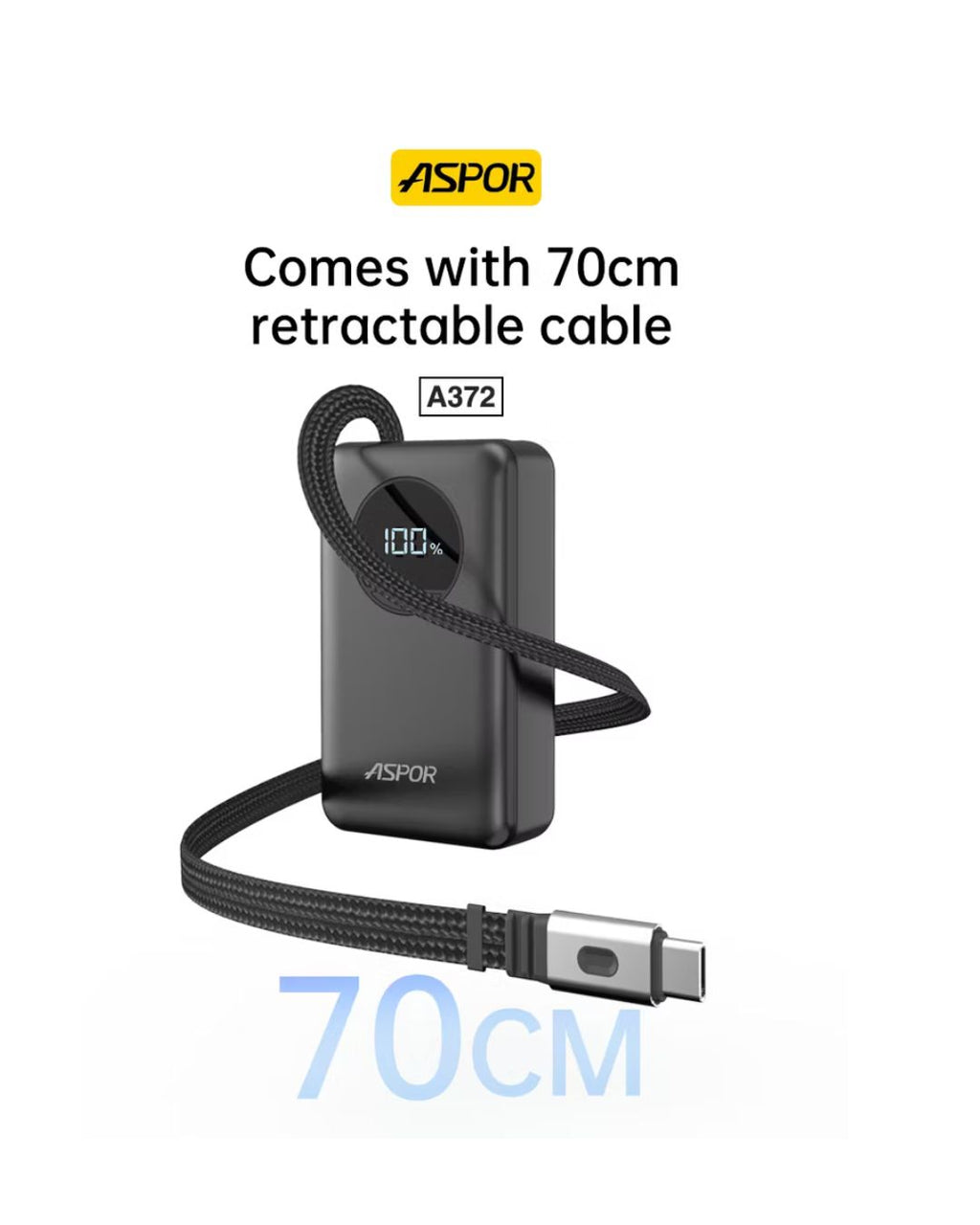 Aspor A372 10000mAh Fast Charging Power Bank with Built-in Retractable USB-C Cable (22.5W)