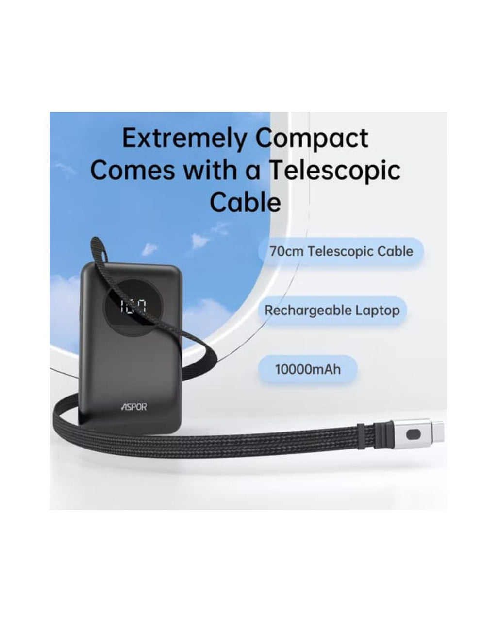 Rechargeable laptop with telescopic cable on a white background