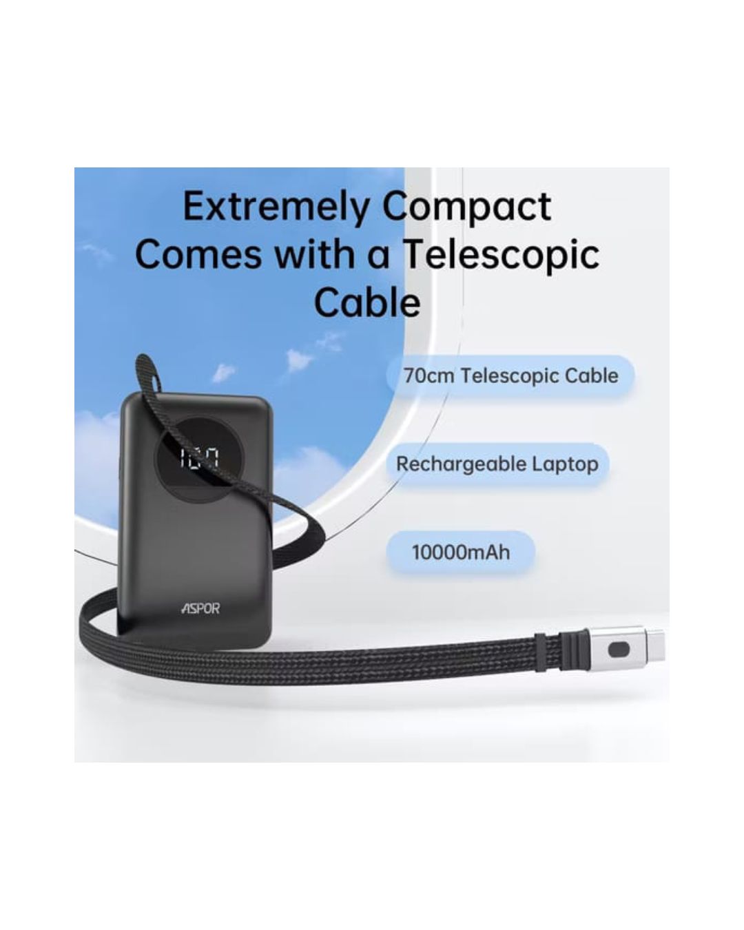Rechargeable laptop with telescopic cable on a white background