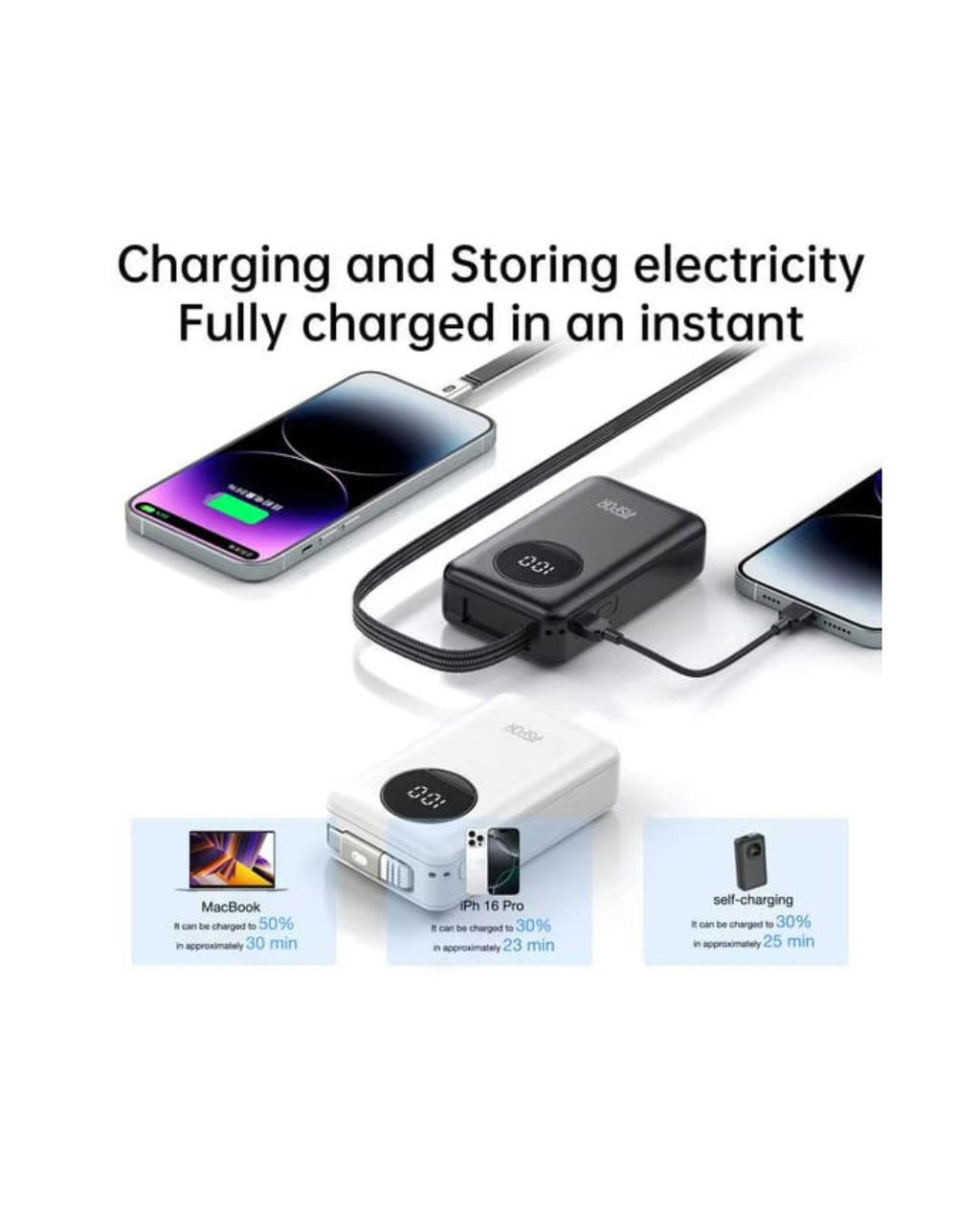 Smartphone charging and storing electricity with text on a white background