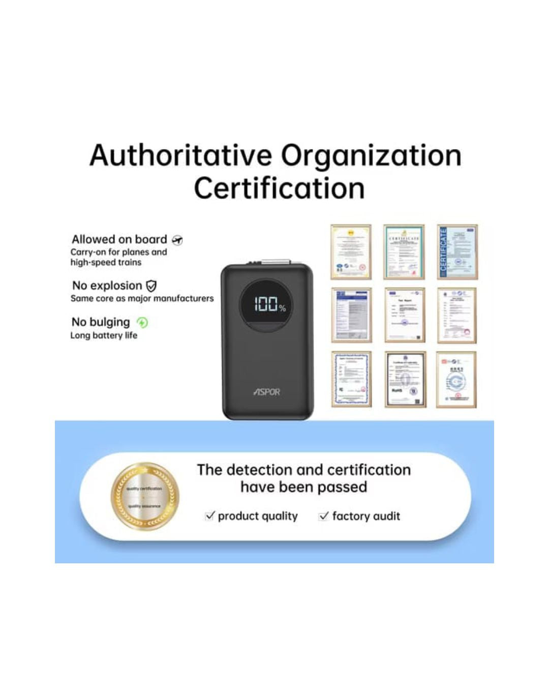 Product with certification logos and text on a white background