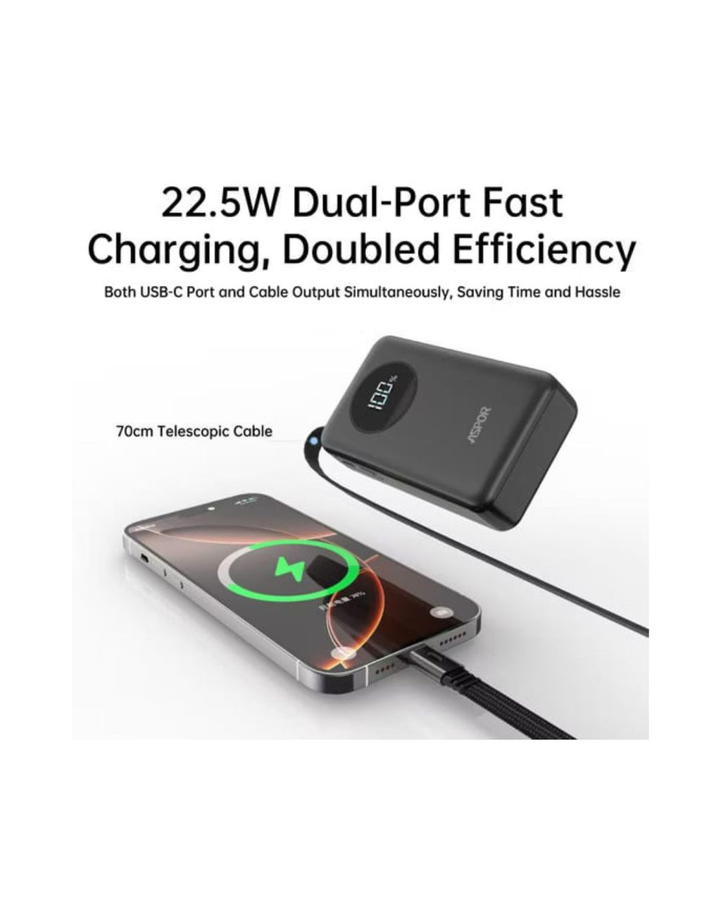 Phone with a charging cable and power bank, highlighting 22.5W dual-port fast charging.