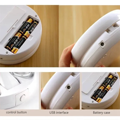 Collage of a device with batteries, control button, USB interface, and battery case on a beige background.