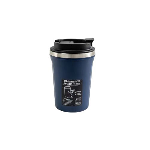 Blue insulated travel mug with black lid on a white background