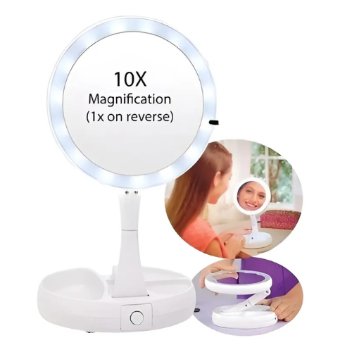 Portable magnifying mirror with 10x magnification on a white background