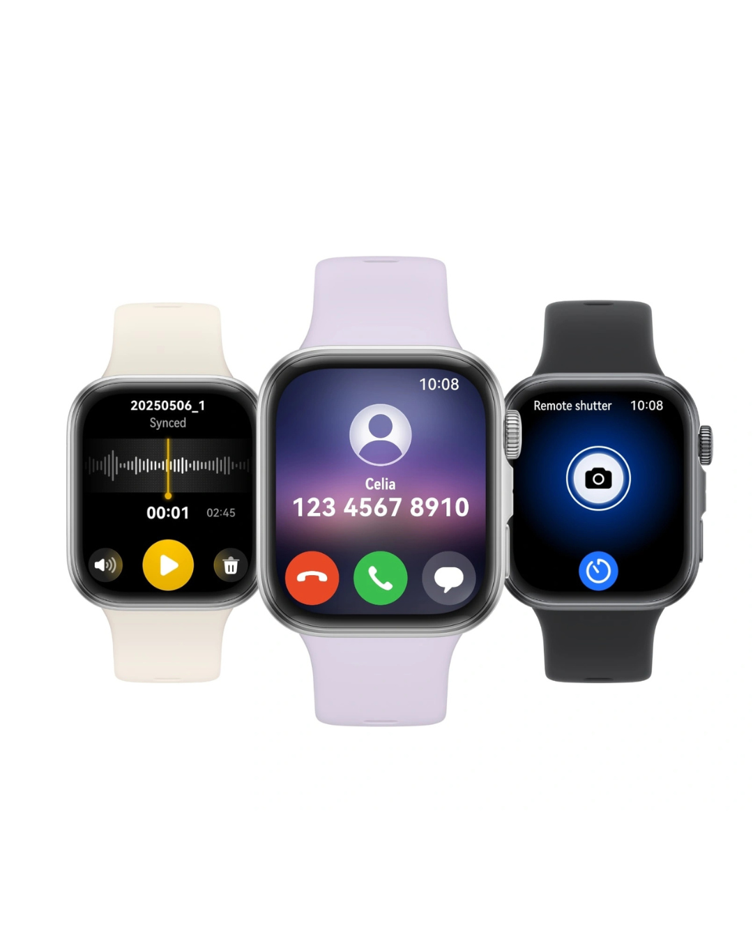 Three smartwatches displaying different interfaces on a white background