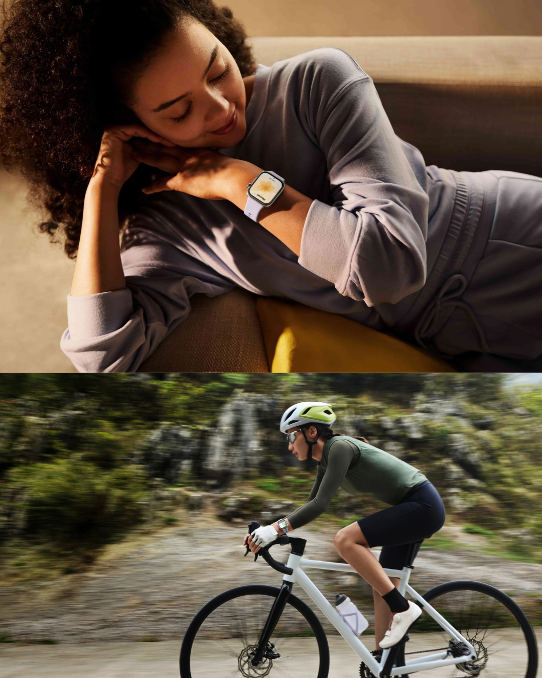 Woman resting with a close-up of a device on her chest, followed by a person cycling outdoors.