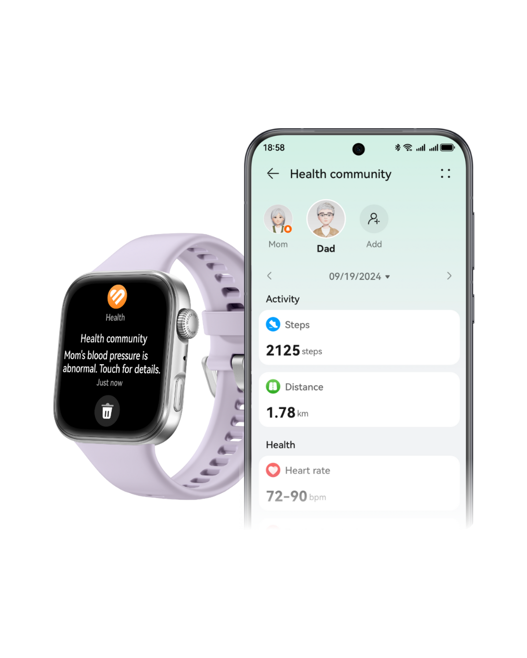 Smartwatch and smartphone displaying health app on a white background