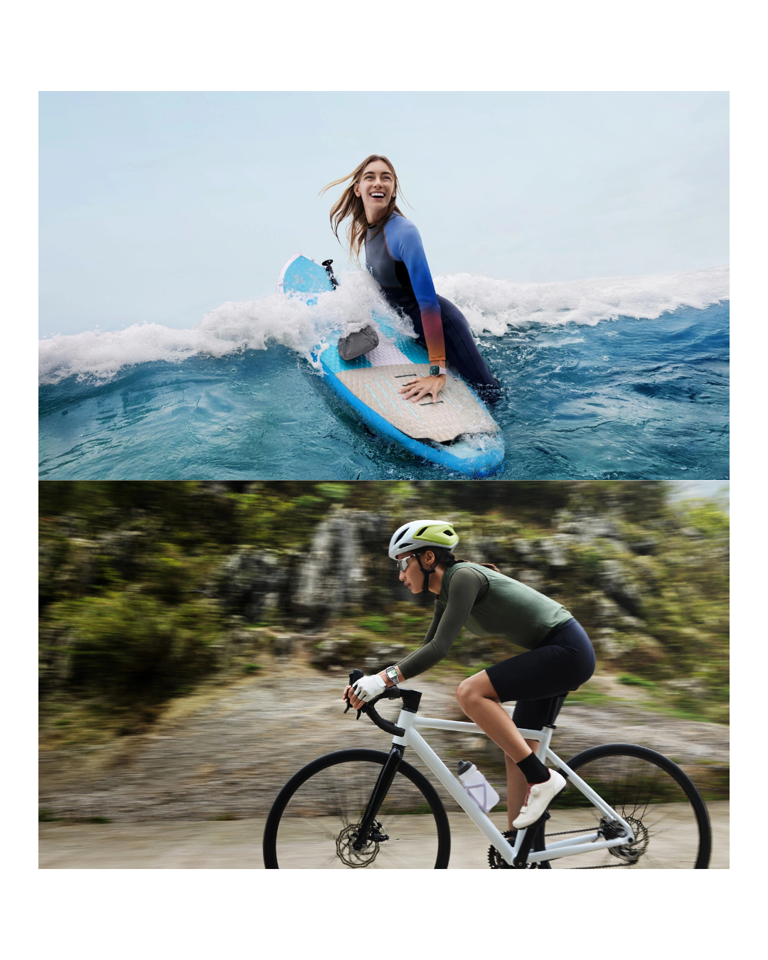 Two images: one of a person surfing and another of a person cycling on a road.