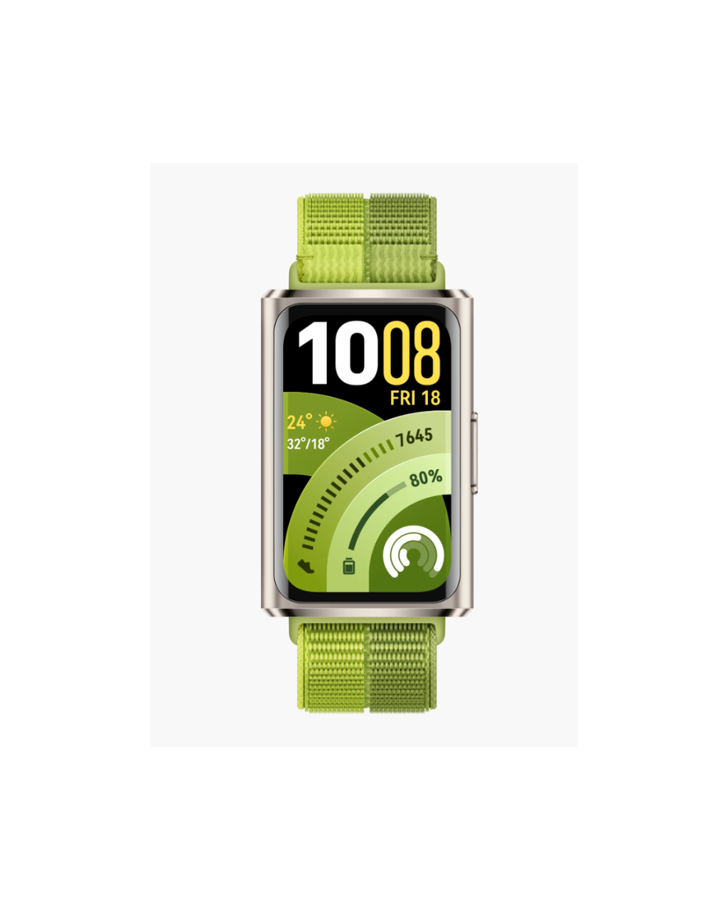 Green smartwatch with digital display on a white background