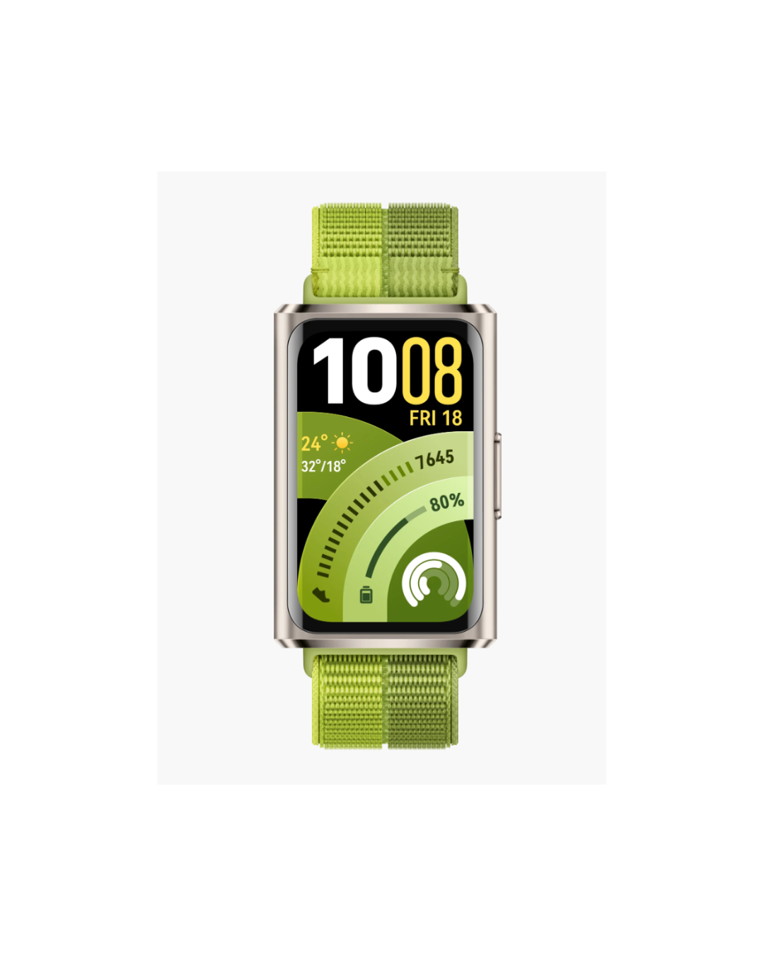 Green smartwatch with digital display on a white background