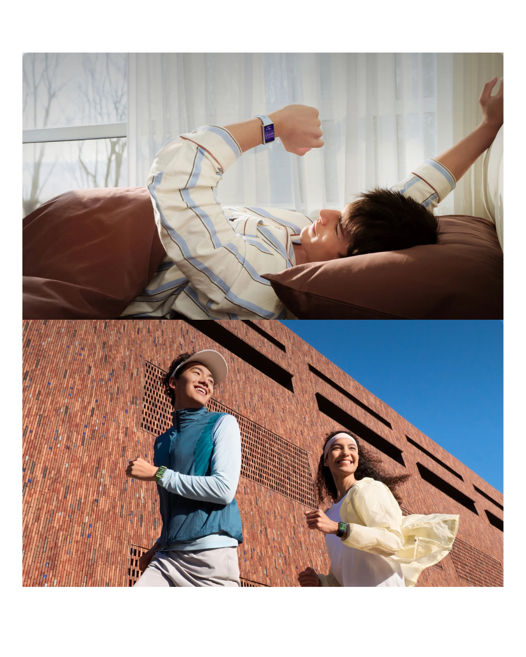 Top photo shows a person lying on a couch with arms outstretched, bottom photo shows two people standing outdoors with a clear blue sky.