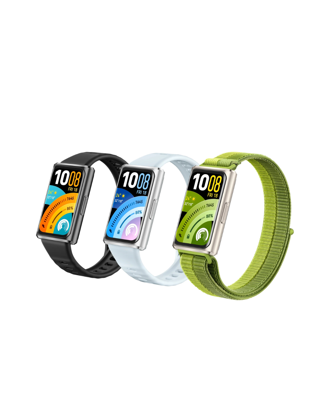 Three smartwatches with different colored bands on a white background