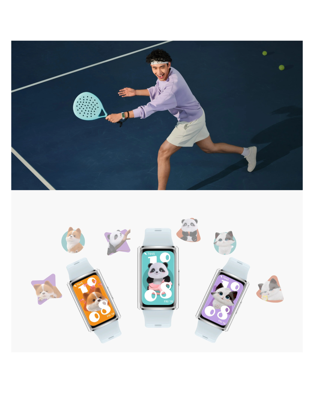 Person playing tennis with a racket on a court, followed by a display of smartwatches with panda designs.