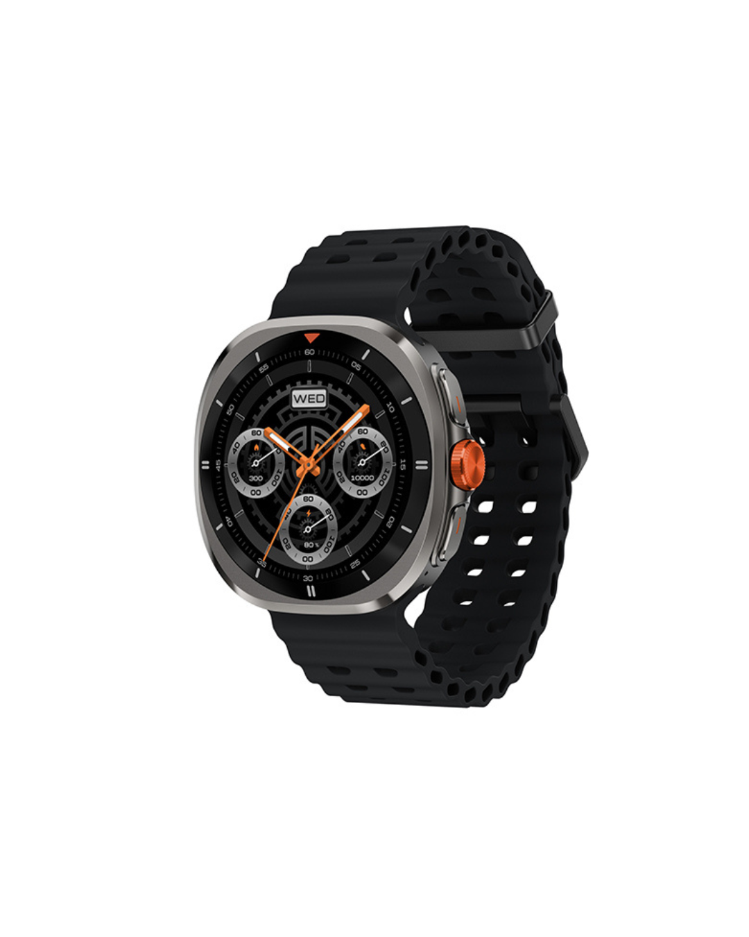 Black smartwatch with a detailed face on a white background