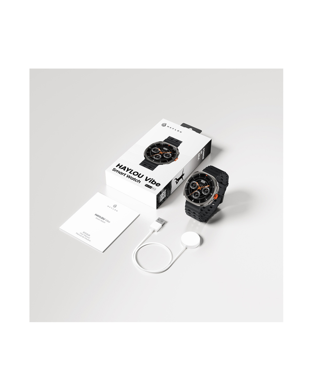 Smartwatch with packaging and accessories on a white background