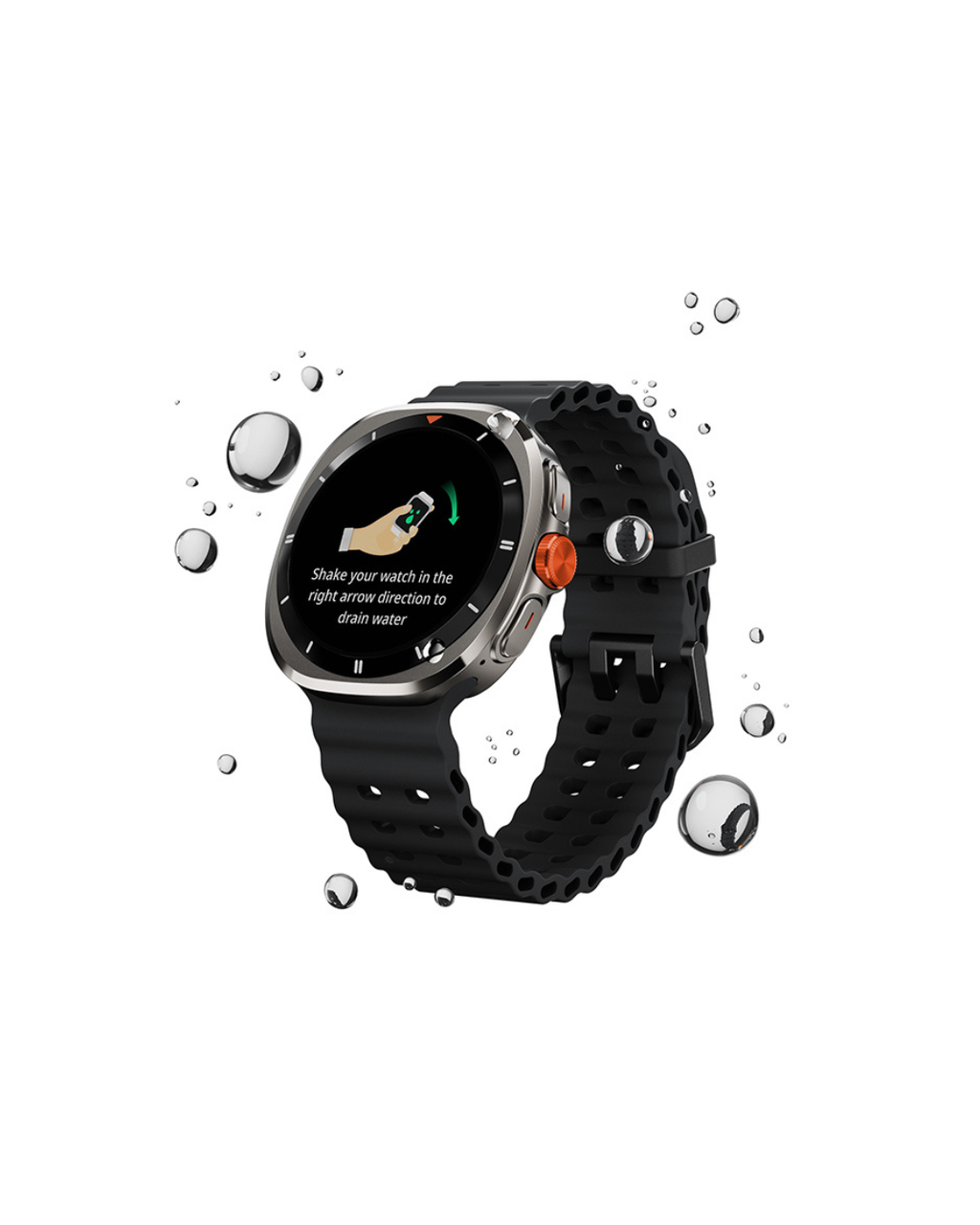 Black smartwatch with water resistance feature on a white background