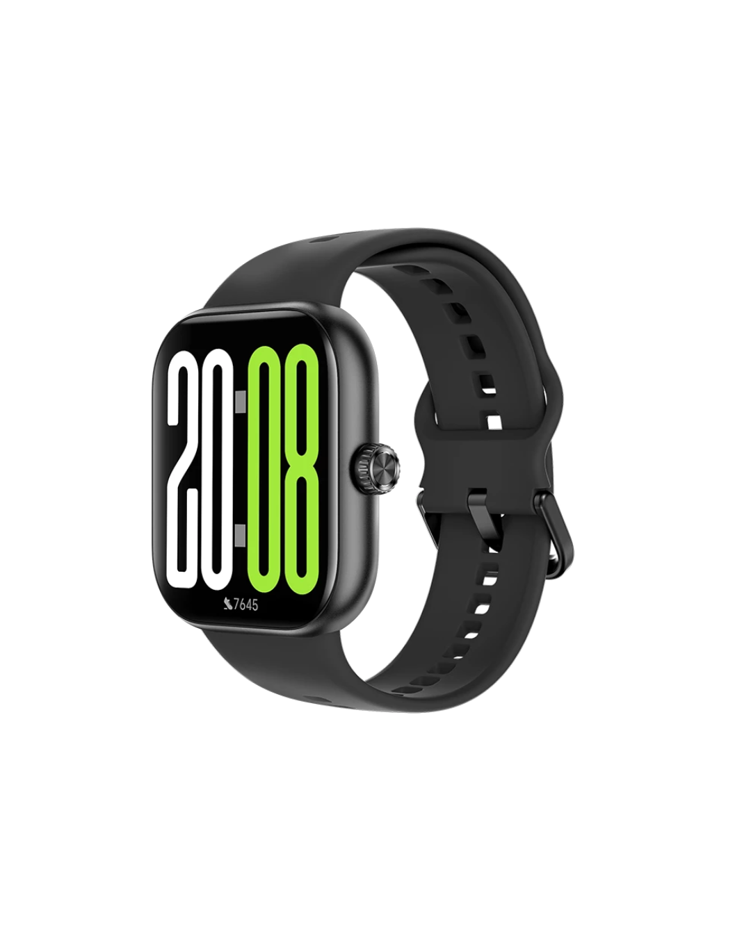 Black smartwatch with digital display on a white background