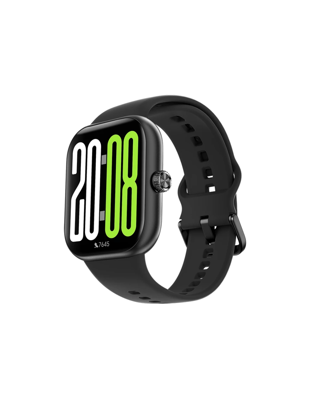 Black smartwatch with a digital display on a white background