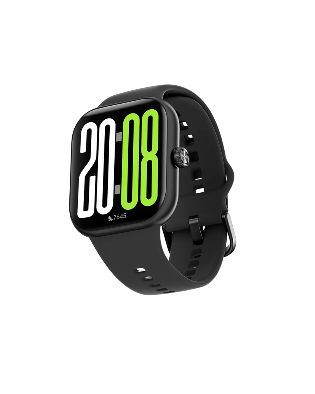 Black smartwatch with digital display on a white background