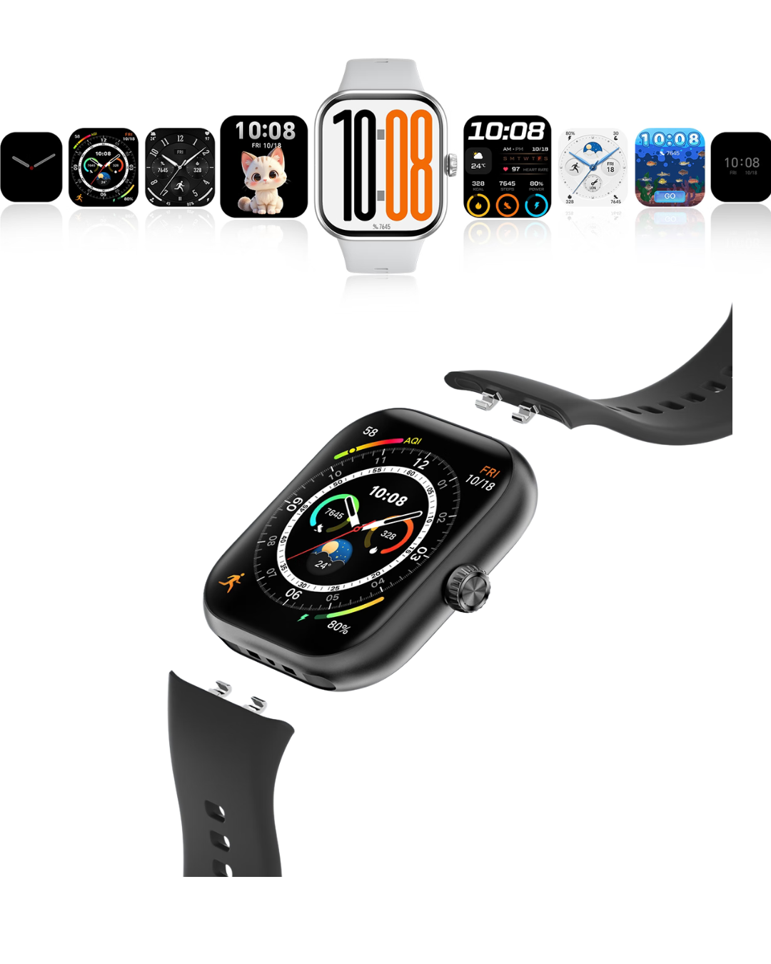 Smartwatch with different display faces and a black band on a white background