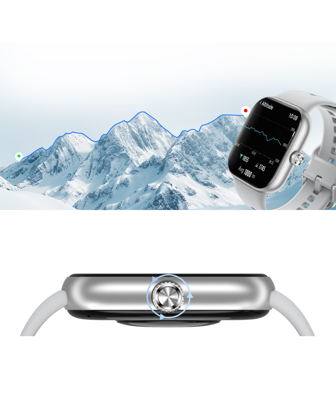 Smartwatch with heart rate monitor on a snowy mountain background